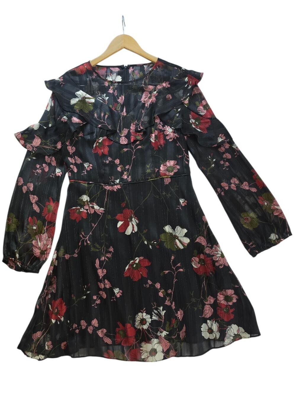 Adrianna Papell Black Floral Long-Sleeve Ruffle Dress with Pink & Red Blooms - Picture 6 of 9